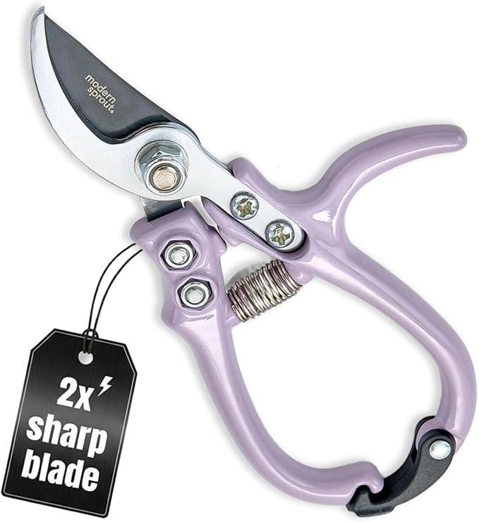 Modern Sprout Bypass Hand Pruners - Scissors - Gardening Tools - Lavender | Lightweight Pruning Tool W/ Easy-Lock - Sharp Bypass Carbon Steel Blade - Rust-Resistant - Reusable Holster for Storage