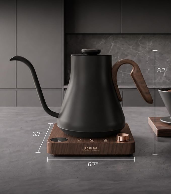 Epeios Gooseneck Electric Kettle with Temp Control,1200W,0.9L,Black Walnut | Rapid Heating, for Pour Over Coffee & Tea,Hot water Boiler,Brew Timer, 304 Stainless Steel Interior, Auto Shut-Off