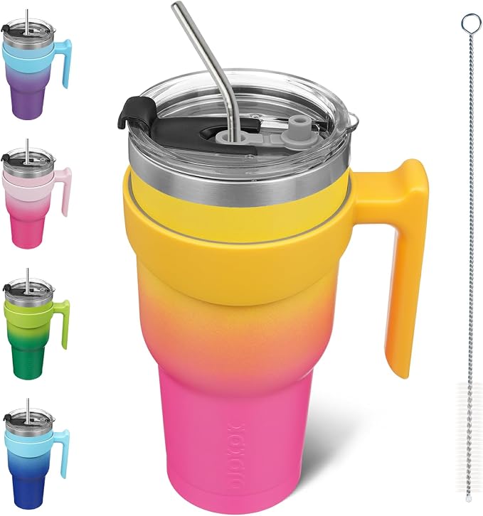 BJPKPK 40 oz Tumbler with Handle & Straw, Insulated Stainless Steel Mug | Double Wall Vacuum, Keeps Hot/Cold, Thermal Cup, BPA Free, Dishwasher Safe, Cupholder Fit, Coffee & Travel, Pink Yellow Rose