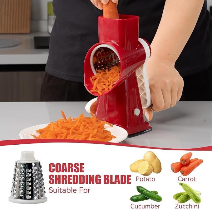 Rotary Cheese Grater Hand Crank Red - Shredder Slicer Grinder 3 Stainless Steel Blades, Stable Suction, Labor-Saving Handle, Safe Kitchen Tool for Cheese, Vegetable, Nuts, Chocolate