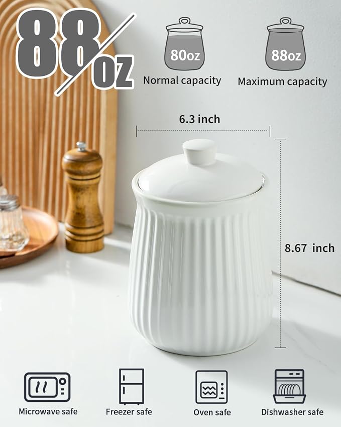 Hasense Food Storage Containers with Lids, 88 oz Ceramic Food Storage Jar, Airtight Cookie Candy Jar for Coffee Beans, Tea-leave, Sugar, Salt, Flour, Spice, Dog Treat Container, Microwaveable, White