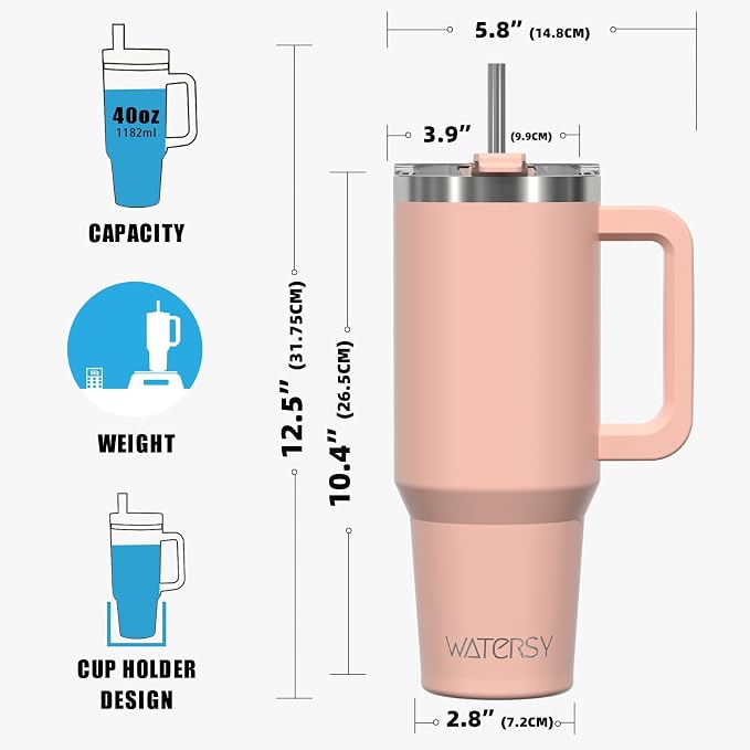 40 oz Tumbler with Handle,Tumbler with Lid and Straw,Double Wall Insulated Cup Stainless Steel Travel Mug(Cold for 34 Hours),Water Bottle for Iced Tea,Coffee,Cold Beverages(Pink)