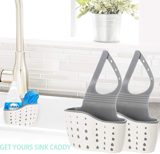 EC ELEGANTCHARM Kitchen Sink Caddy Sponge Holder Silicone Plastic Soap Holder Hanging Ajustable Strap Faucet Caddy with Drain Holes for Drying