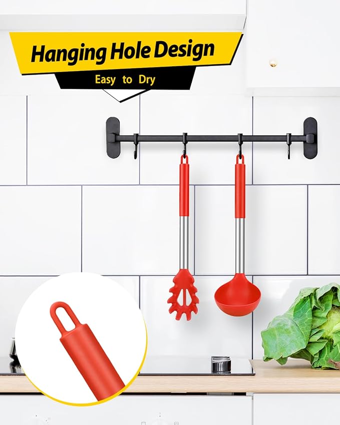 BUNDLEPRO Silicone Pasta Fork and Ladle Spoon Set, 2 Pack, Red | Large Non Stick, High Heat Resistant Kitchen Utensils for Cooking,Stirring,Serving Spaghetti, Soup, Sauce