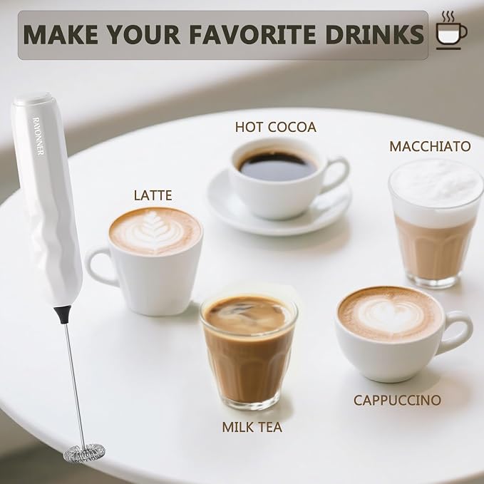 RAYONNER Milk Frother Coffee Frother Foam Maker 2Pack White with Stand | Fast Powerful Drink Mixer, Stainless Steel Whisk, For Coffee, Latte, Matcha