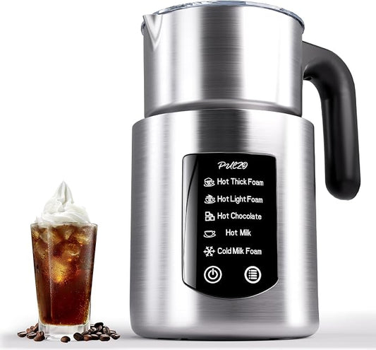 PULZO Milk Frother and Steamer, 5-in-1 Automatic Electric Milk Frothers for Latte, Cappuccino & Coffee, Hot & Cold Foam Maker with 17oz Detachable Stainless Steel Jug, Dishwasher Safe