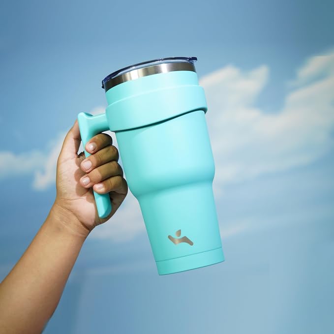 Konokyo 30 oz Tumbler with Handle and Straw, Insulated Travel Mug | Turquoise; BPA-free, leak-proof tumbler with 2 lids, 2 straws, cup holder fit for coffee, office, travel & daily use