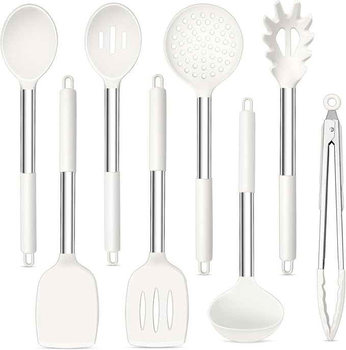 TeamFar Kitchen Utensils Set of 8, Silicone Utensils Kitchen Tools-White | Stainless Steel Handle, for Nonstick Cookware Cooking Stirring Turning, Food Grade & Heat Resistant, Dishwasher Safe - White