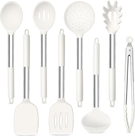 TeamFar Kitchen Utensils Set of 8, Silicone Utensils Kitchen Tools-White | Stainless Steel Handle, for Nonstick Cookware Cooking Stirring Turning, Food Grade & Heat Resistant, Dishwasher Safe - White