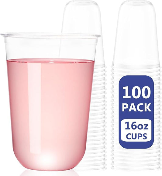 WELLIFE 16 oz Clear Plastic Cups 100 Pcs | Disposable Wine Glasses Stemless Cocktail Punch Cups for Cold Drinking Party Supplies, Halloween Thanksgiving Christmas