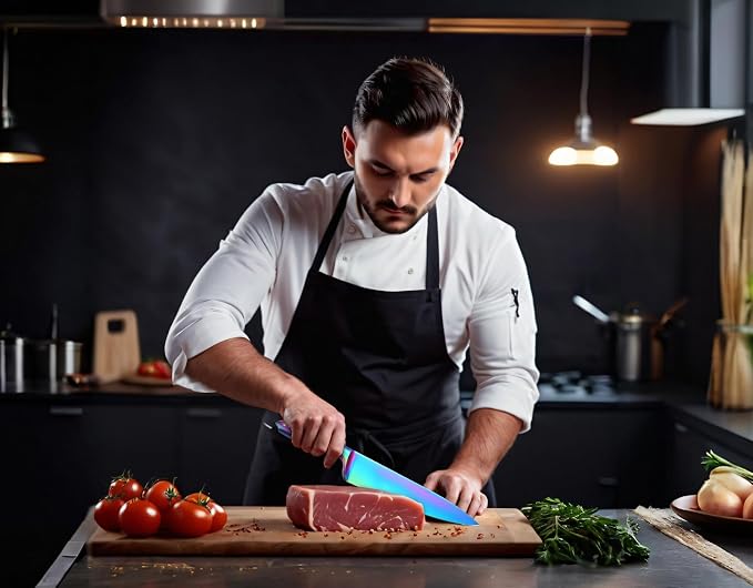 WELLSTAR Rainbow Knife Set 14 Pieces, Iridescent German Stainless Steel Kitchen Knives Set with Wooden Block, Colorful Titanium Coating, Chef’s Knife Block Set with Scissors and Built-in Sharpener