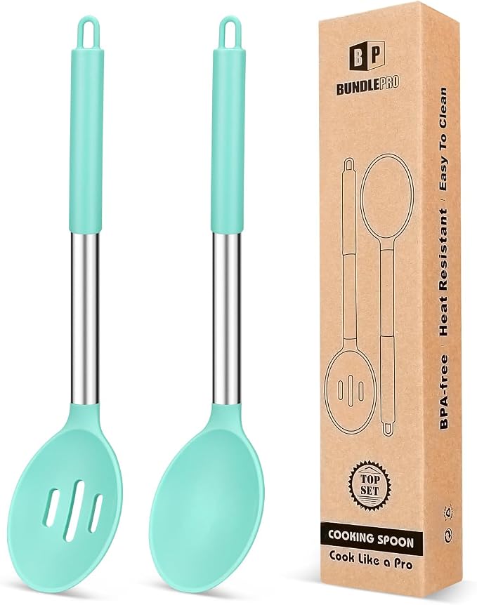 BUNDLEPRO Silicone Cooking Spoons for Non Stick Cookware, 2 Pack, Green | Heat Resistant, Large Kitchen Spoons for Mixing, Serving, Draining, Stirring