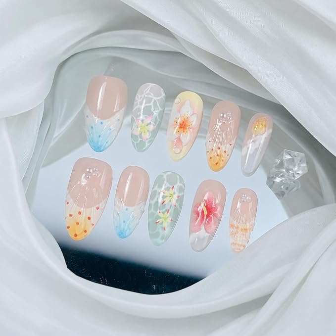 3D Handmade Hibiscus Flower Press on Nails Long Stiletto Fake Nails Summer Hawaii Beach False Nail with Rhinestones Designs Ocean Wave Seashell Full Cover Stick on Nail for Women Manicure 30Pcs