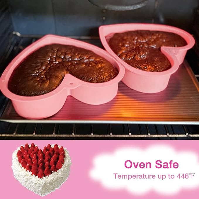 Alimat PluS 8 Inch Heart Shaped Cake Pans Set of 2 with Hanging Hole(Pink) | Silicone Material