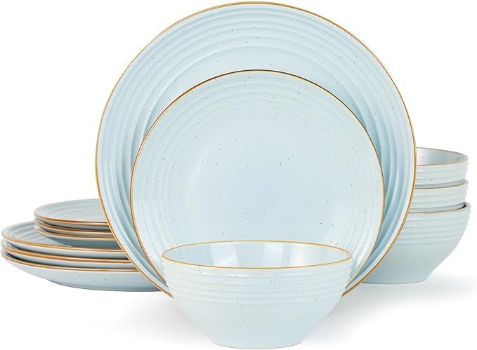 Famiware Jupiter Plates and Bowls Sets with Rim, Stoneware Dinnerware for 4 | 12-Piece Ceramic Neutral Dishes, Speckled & Embossed Swirl, Chip & Scratch Resistant, Microwave & Dishwasher Safe, Light Blue
