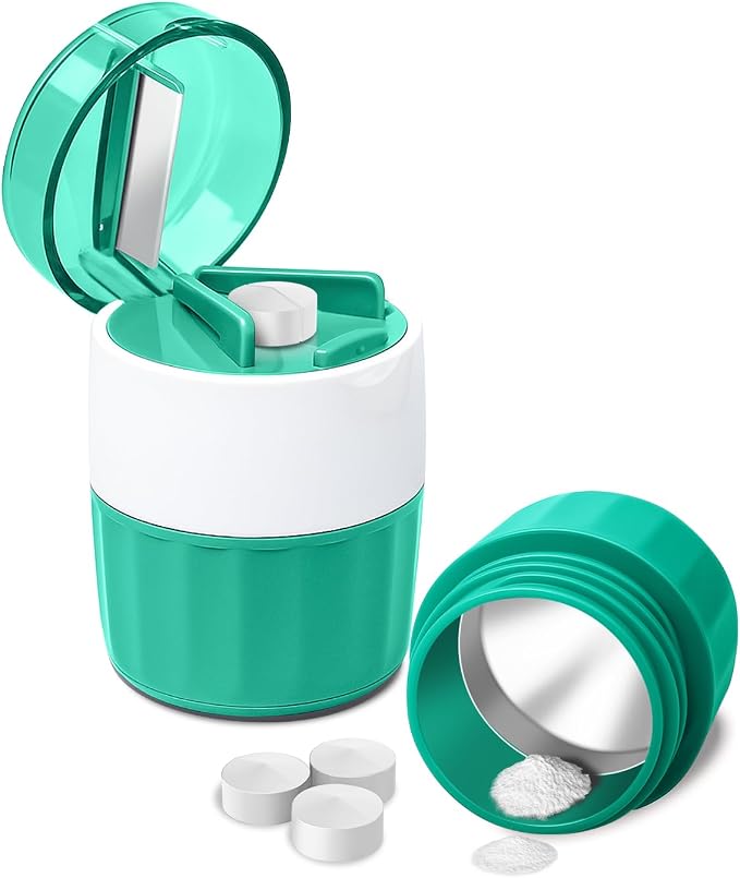Pill Crusher Fine Powder, Pill Grinder & Cutter, Storage Box, Cyan | Stainless Steel Pestle, Pill, Vitamins, Tablets, Crusher for Elderly, Pets, Easy to Use, Crushes Medications into Fine Powder