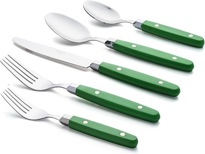 ANNOVA Silverware Set, Retro/Rivet Colorful Stainless Steel Tableware Kitchen Flatware Set Utensils, Includes Dinner Knives, Forks, Spoons, Salad Forks & Dessert Spoons (Green New, 20 Pieces)