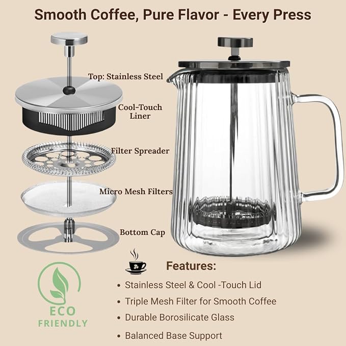 French Press Coffee Maker – 650ml / 22oz – Ribbed Glass Design – Borosilicate Glass with Stainless Steel Filter –Serves Small 4–5 cups