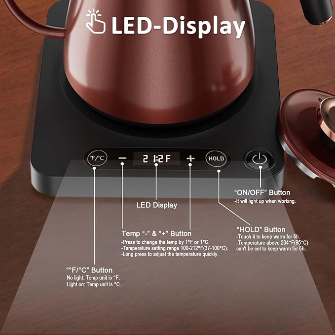 Gooseneck Electric Kettle 1.0L,1000W, Smart, Pour Over, Copper | 104-212°F, LED Digital Display, Touch control, Keep Warm, 304 SS BPA-Free, Auto Shut-Off, BPA-Free, For Pour Over & Tea