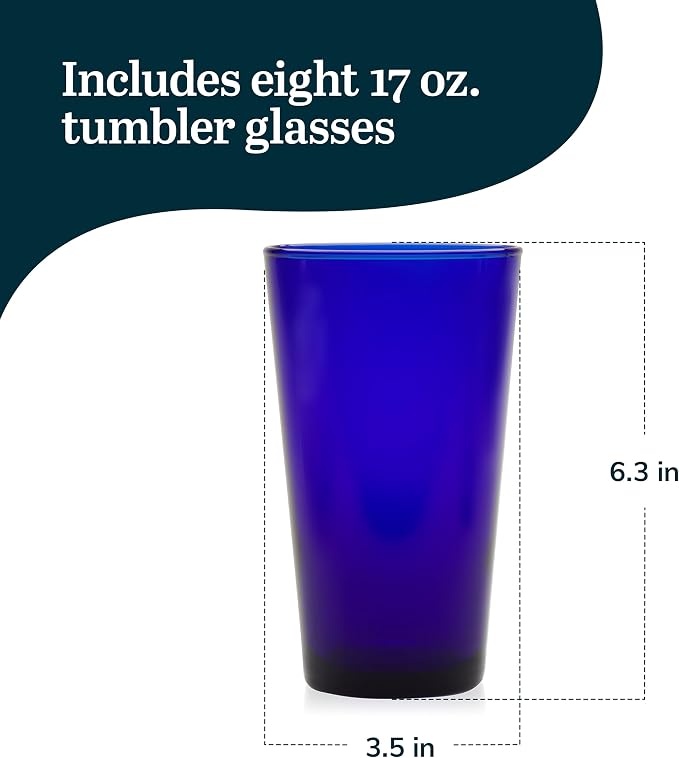 Libbey Cobalt Flare Drinking Glasses Set of 8, Classic Design Glass Cups for Soda, Water, Iced Tea and More, Dishwasher Safe Glass Cup Set for Beverages