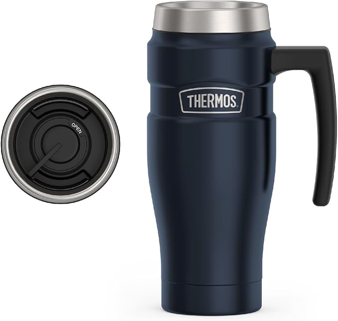 THERMOS Stainless King Travel Mug with Handle, 16oz, Midnight Blue | Vacuum-Insulated Travel Mug with Handle for Hot & Cold Drinks, Stainless Steel Coffee Mug with Lid for Commuting