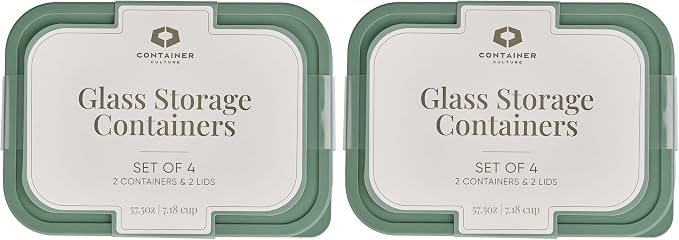 Glass Food Storage Containers with Lids — 8 Piece — 57.5 oz Glass with BPA-Free Leakproof Stackable Lids — Microwave, Oven & Dishwasher Safe — Ideal for Meal Prep & More - Soft Sage
