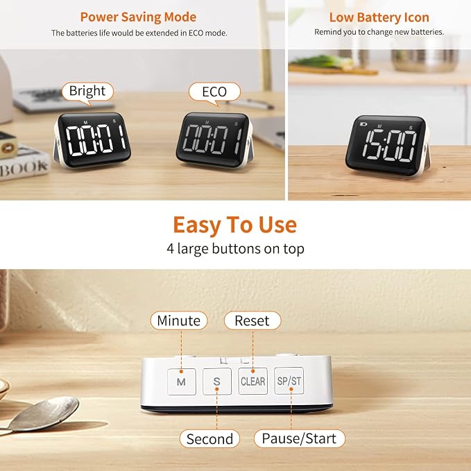 Magnetic Kitchen Timer for Cooking with Count Up Countdown, Digital Timer Battery Powered with Large Display, 2 Brightness and Volume Levels for Classroom, Teacher, Kids
