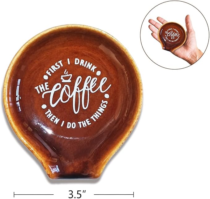 Littlefa Coffee Spoon Rest Holder-Coffee Bar Accessories-Rustic Brown | Farmhouse Ceramic Coffee Spoon Rest for Coffee Bar Accessories Essentials, Coffee Lovers Gifts, But First I Drink Sign