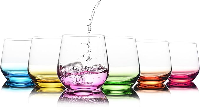 Stemless Wine Glasses Set of 6 - Hand Blown Colored Short Wine Tumblers - 15 oz Elegant Sparkling Wine Glass - Unique Gift for Birthday,Wedding, Father’s Day