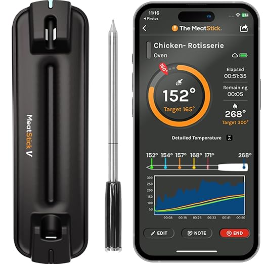 MeatStick V Prime WiFi Wireless Meat Thermometer, 1200°F 6-Sensor Probe | 50+ hr battery, dishwasher-safe probe, 900 ft+ Bluetooth range. For Grill, Smoker, Oven, Air Fryer, Sous Vide, BBQ