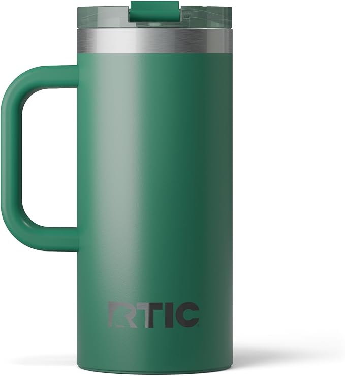 RTIC 16oz Road Trip Travel Mug with Lid and Handle, Ceramic Lined, Insulated, Stainless Steel, Metal, Double Wall Vacuum-Insulation, Portable Coffee, Tea Cup for Hot and Cold Drink, Pine Tree