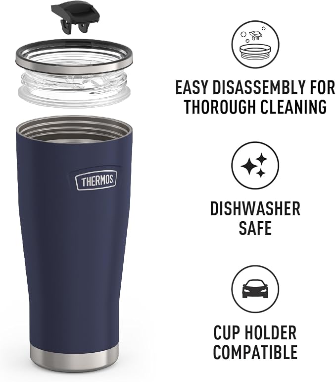 THERMOS Icon Series 24oz Stainless Steel Tumbler with Slide Lock Lid, Leakproof, Fits Cupholder, Dishwasher Safe, Griptec™ Non‑Slip Base, Keeps Drinks Hot 6 Hrs/Cold 22 Hrs, Mystic Navy