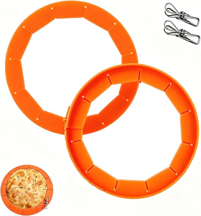 Easily Adjustable Silicone Pie Crust Protector, Fits8-11.5" Pie Crust | Food-Grade Pie Crust shield, Prevents Crust Edges from Burning,2 Anti-Slip Clips, Oven/Microwave/Dishwasher Safe,orange,2pcs