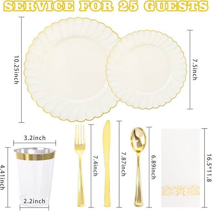 YOUBET 175PCS Ivory Scalloped Plastic Plates for Party Wedding | Ivory and Gold Disposable Dinnerware Set Include 50 Plates, 75 Gold Silverware, 25 Cups, 25 Napkins