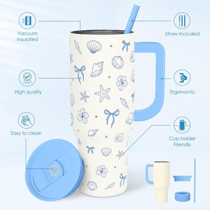 SANDJEST Coastal 40oz Tumbler with Handle and Straw, Insulated Stainless Steel Travel Coffee Mug for Women Girls, Gift Idea for Birthday Christmas Mothers Day