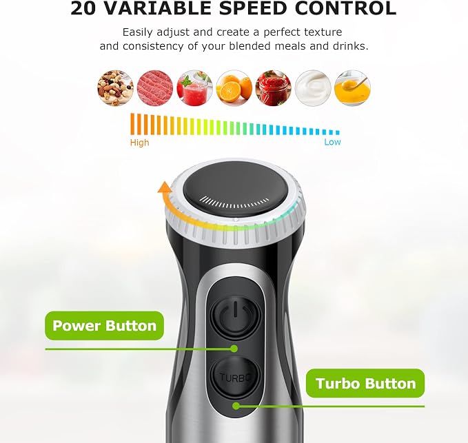 Bonsenkitchen 2-in-1 Immersion Handheld Blender with 20 Speeds & Turbo Mode | 500W Hand Blender, Egg Whisk, 304 Stainless Steel Blade, Portable Hand Mixer for Smoothie, Soup, Baby Food