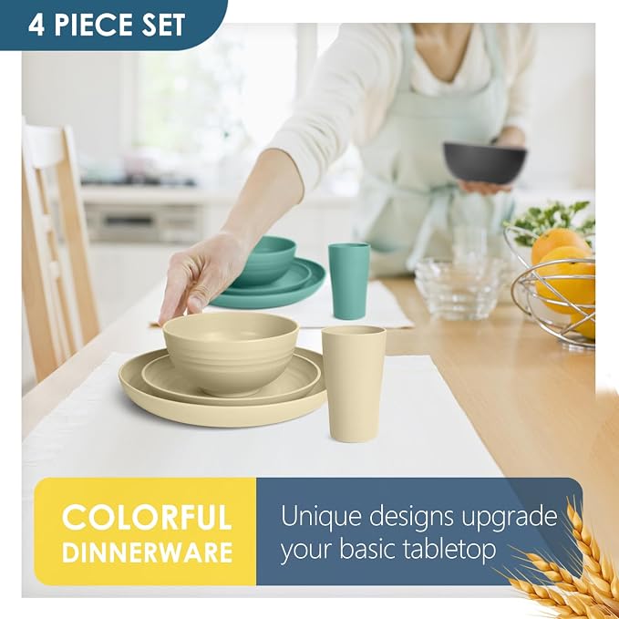Teivio 32-Piece Plates and Bowls Sets for 8,Colorful Kitche Dinnerware Sets | 13.5oz Cups, Plastic Wheat Straw Unbreakable Dish Set, Dishwasher Safe, for Outdoor Camping RV Apartment Essentials Plate Set