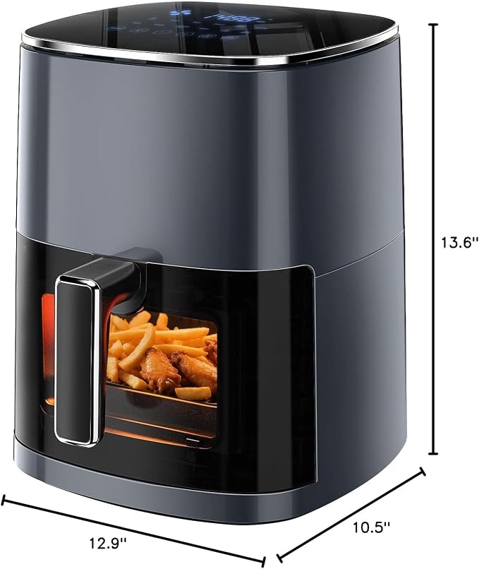 Simple Deluxe Air Fryer - 6.34 QT Digital Airfryer with Visible Window, 12 Presets Functions, Nonstick and Dishwasher-Safe Basket, 1700W, Gray