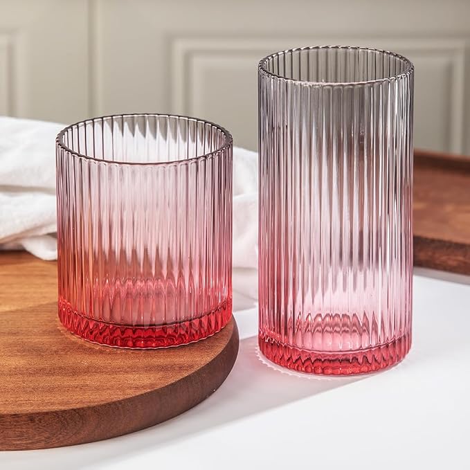 Ribbed Drinking Glasses 8pcs, 12oz and 10oz Glassware, Tumbler Glasses Cup Set for Wedding, Party, Christmas Gift, Grey Pink