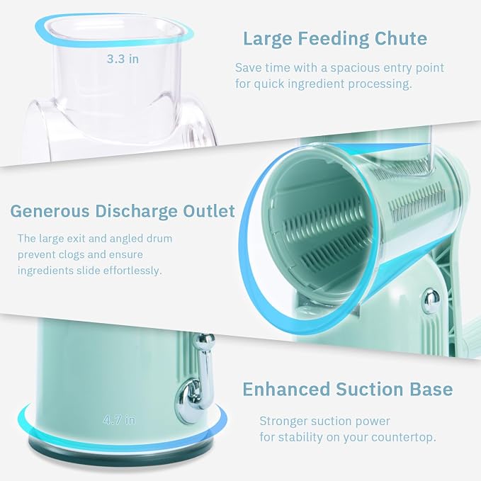 ENERGEVITY Hand Crank Rotary Cheese Grater, 5-in-1 Vegetable Slicer (Green) | Easy to clean.Strong suction base.Internal barrel keeps hands away from blades.BPA-free food-grade ABS plastic.