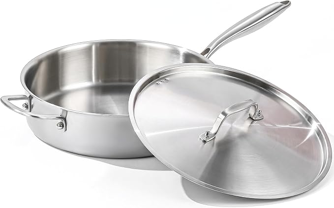 DELARLO 7QT Saute Pan Jumbo Cooker 3 Ply Stainless Steel Pan | 12Inch Deep Frying Pan with Steel cover, Kitchen Large Skillet ,Heavy Duty Style Compatible with All Cooktops Up to 650℉