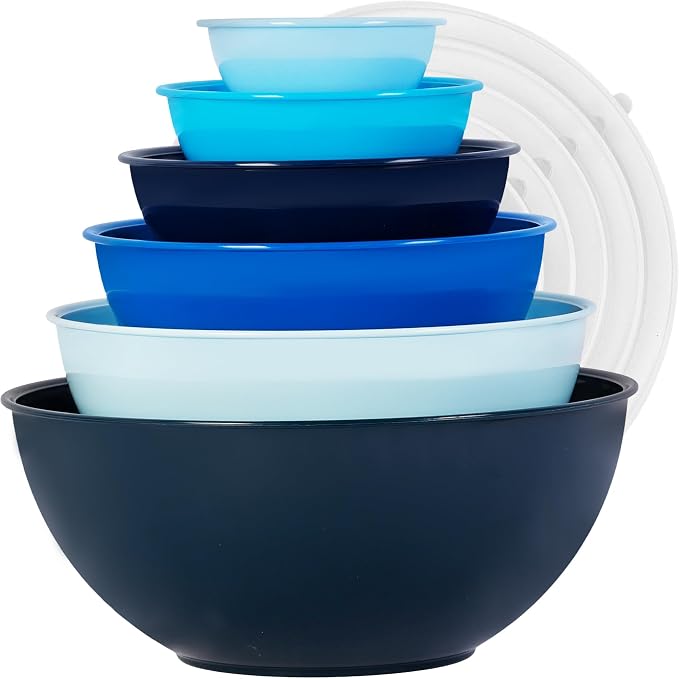 BoxedHome BPA Free Plastic Round Mixing Bowl with Lids, 12 Pack Nesting Bowls with Lids Set, Microwave and Dishwasher Safe Prep & Serving Bowls Great for Mixing, Baking, Serving (Blue, 12pcs)