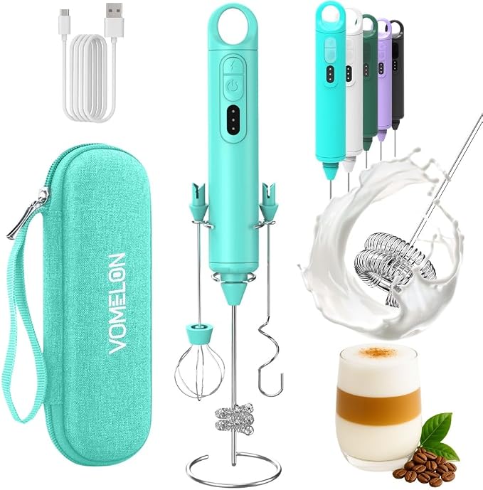Rechargeable Milk Frother Handheld 3 Speed Coffee Foamer [3 Whisk] Electric Drink Mixer for Latte, Cappuccino, Coffee, Eggs, Hot Chocolate, Mint