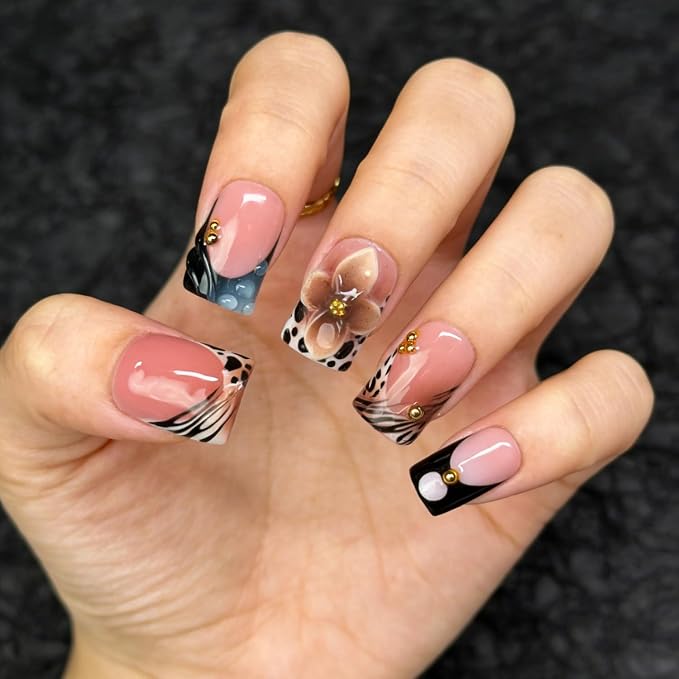 Flower Handmade Press on Nails 3D Luxury Brown Floral Design Leopard Print French Tip Fake Nails Muti-Layer Gel Handmade Acrylic Nail Short Square False Nails for Women (M)