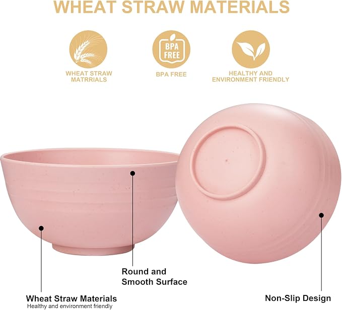 Rubtlamp 16Pcs Plastic Wheat Straw Dinnerware Set, Reusable Plastic Plate Set for 4, Kitchen Plates And Bowls Set (Pink) Include Dinner Platos, Dessert Platos, Cereal Bowls, Cups for Daily, Camping