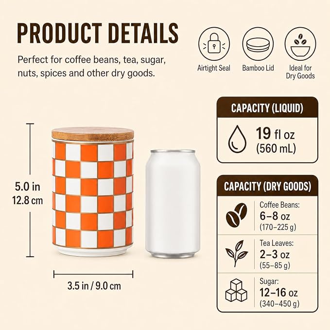 Kitchen Countertop Ceramic Checkered Canisters,Black And White Food Storage Containers With Lid,Airtight Kitchen Canisters for Flour, Sugar, Coffee, Tea, and Dry Goods (Orange, Small)
