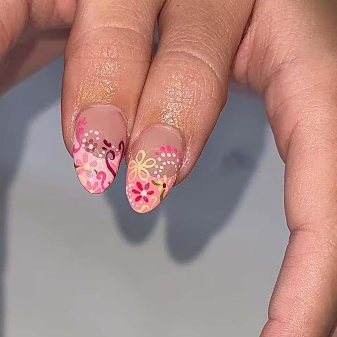 24Pcs French Tip Press on Nails Medium Almond Floral Fake Nails Colorful Flower & Dot Design False Nails Reusable Glossy Glue on Nails for Women Spring Summer Nail Decoration