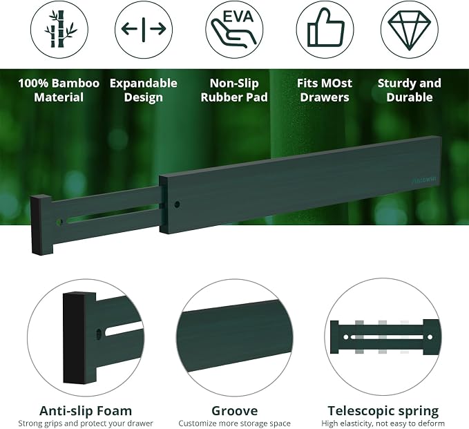 Expandable Bamboo Drawer Dividers Organizers, Drawer Separators Splitter,17-22 inches Long Adjustable Spring-loaded Organizer for Large Utensil, Clothes, Tools(Dark Green)