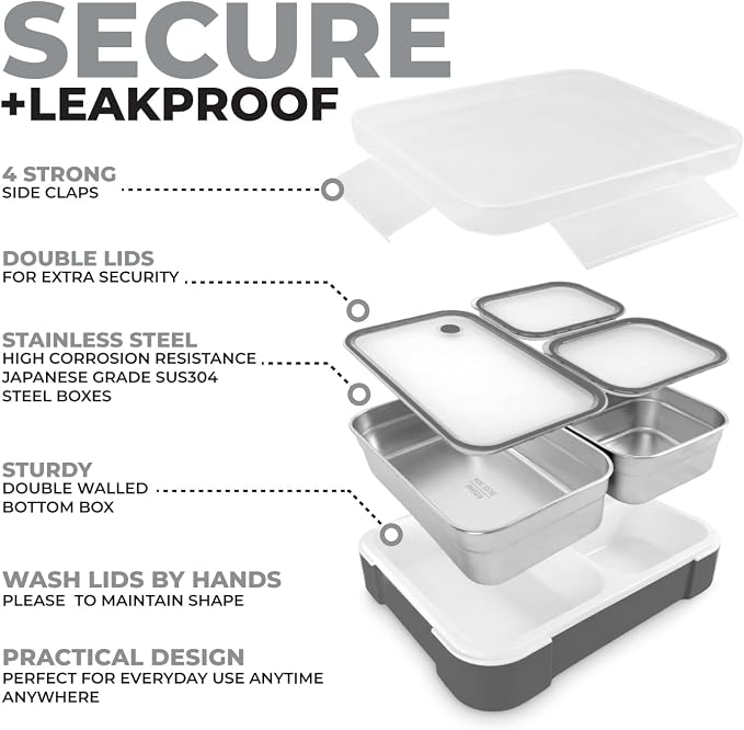 Stainless Steel Bento Lunch Box Set For Adults, Kids - Insulated Bag And Ice Pack - Large Leak-Proof Metal Compartment Meal Prep Food & Snack Containers For Work Travel School, 42 Oz Grey Black