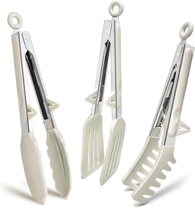 9" Kitchen Tongs for cooking with Silicone Tips, 3Pcs Serving Tongs, White | Small Silicone Tongs mit kickstand, Food Grade, 3 different type of tongs, Stainless Steel